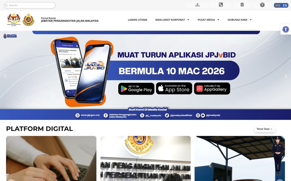 Homepage JPJ di desktop, skrin pertama memaparkan slider banner promosi aplikasi JPJeBid bermula 10 Mac 2026