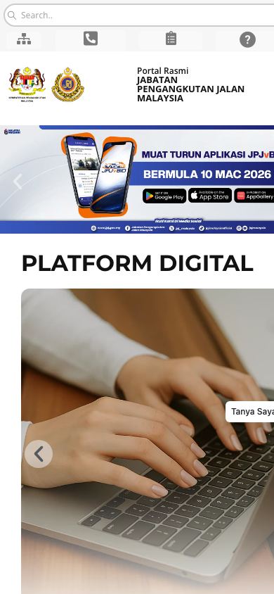 Homepage JPJ di telefon, menunjukkan bar ikon tanpa label, logo dan slider banner