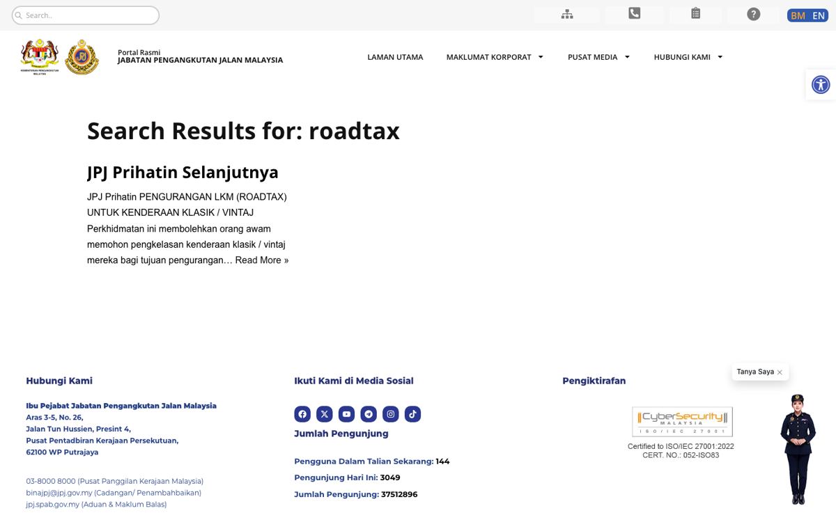 Hasil carian portal JPJ untuk perkataan roadtax menunjukkan satu hasil sahaja iaitu JPJ Prihatin Selanjutnya